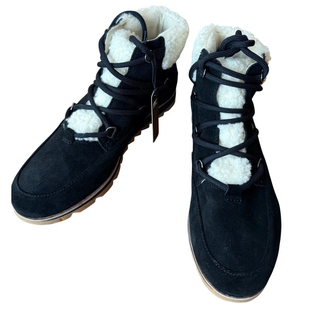 Sorel Harlow Lace Cozy Boots Black Suede‎ White Faux Shearling Lining size 10.5